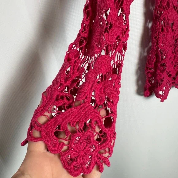 ANGIE Women's Crochet Lace Long Sleeve Scoop Neck Sweater Top Pink Size S Fairy - Picture 2 of 8